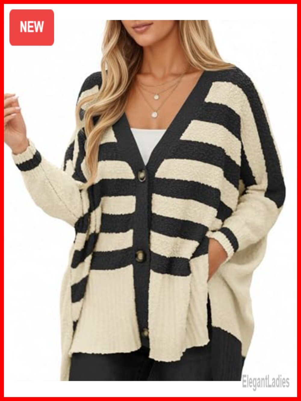 Oversized Fuzzy Knit Striped Cardigan Button Down V-Neck Loose Fit Fall Sweater